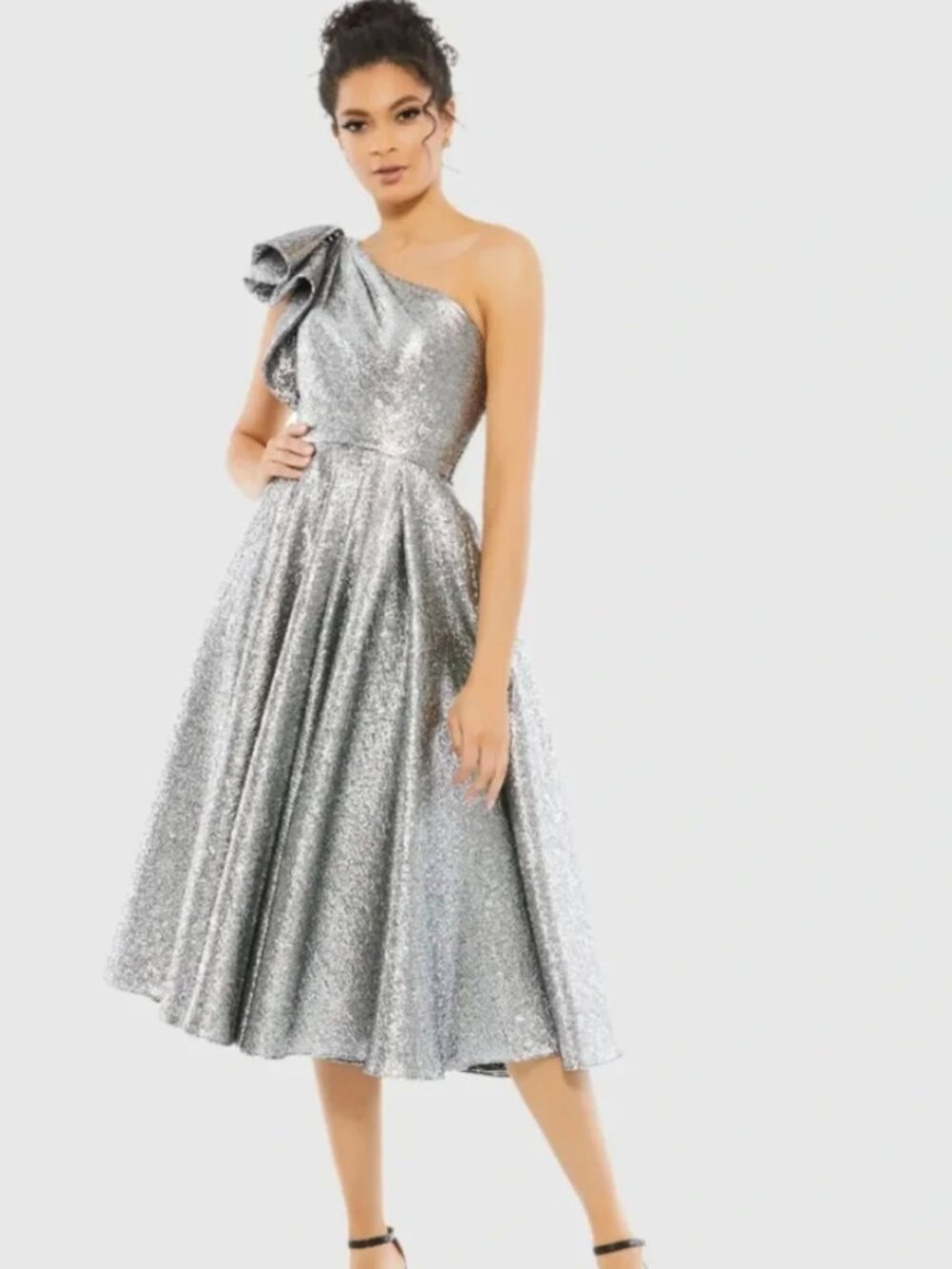 Mac Duggal Silver One Shoulder Bow Midi Dress $498 NWT Size 4 Pockets